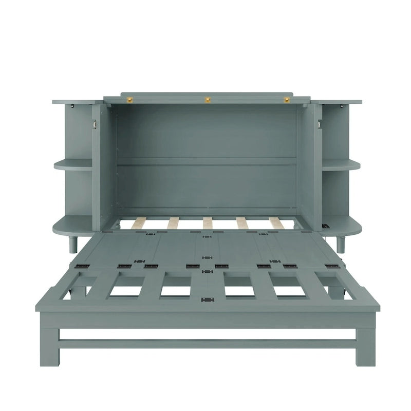 Farmhouse Murphy Bed Foldable Platform Bed Convertible Chest Cube Cabinet Bed with Curved Shelves and Charging Station