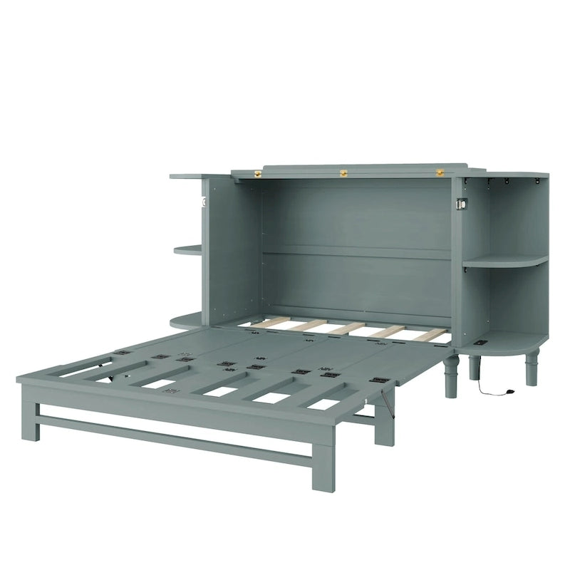 Farmhouse Murphy Bed Foldable Platform Bed Convertible Chest Cube Cabinet Bed with Curved Shelves and Charging Station