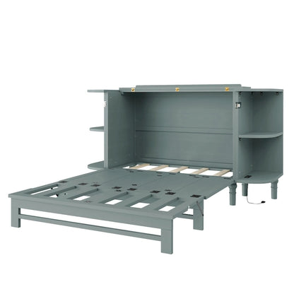 Farmhouse Murphy Bed Foldable Platform Bed Convertible Chest Cube Cabinet Bed with Curved Shelves and Charging Station