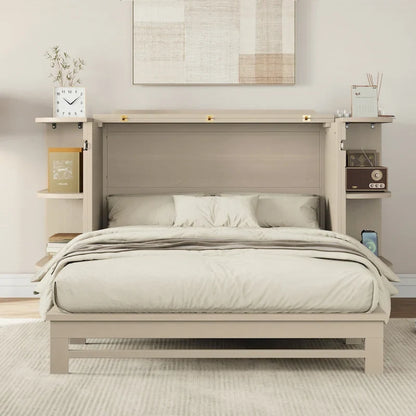 Farmhouse Murphy Bed Foldable Platform Bed Convertible Chest Cube Cabinet Bed with Curved Shelves and Charging Station