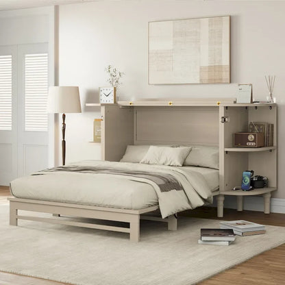 Farmhouse Murphy Bed Foldable Platform Bed Convertible Chest Cube Cabinet Bed with Curved Shelves and Charging Station