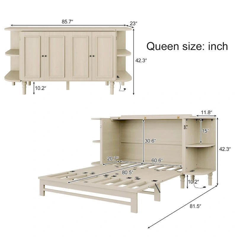 Farmhouse Murphy Bed Foldable Platform Bed Convertible Chest Cube Cabinet Bed with Curved Shelves and Charging Station