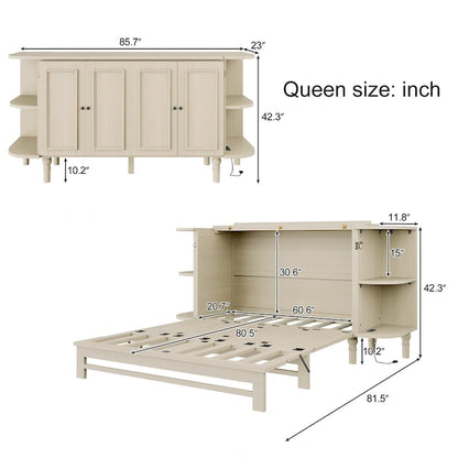 Farmhouse Murphy Bed Foldable Platform Bed Convertible Chest Cube Cabinet Bed with Curved Shelves and Charging Station