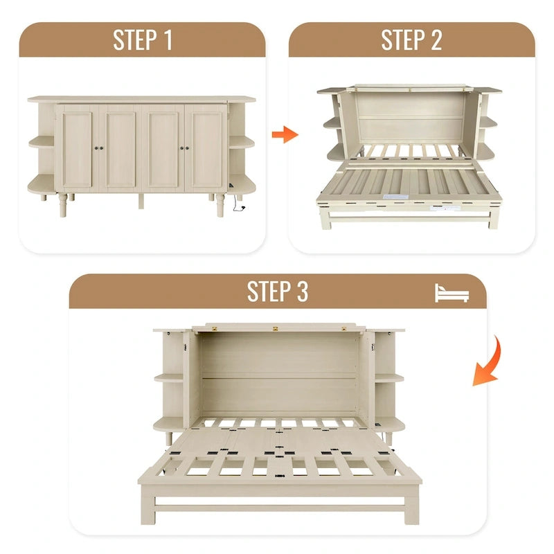 Farmhouse Murphy Bed Foldable Platform Bed Convertible Chest Cube Cabinet Bed with Curved Shelves and Charging Station