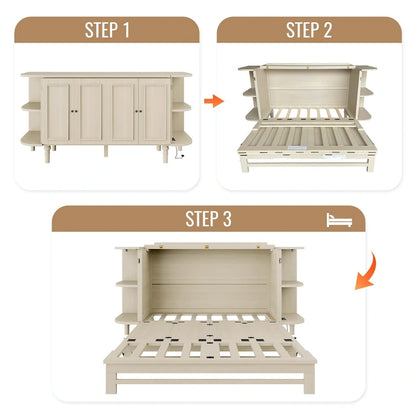 Farmhouse Murphy Bed Foldable Platform Bed Convertible Chest Cube Cabinet Bed with Curved Shelves and Charging Station