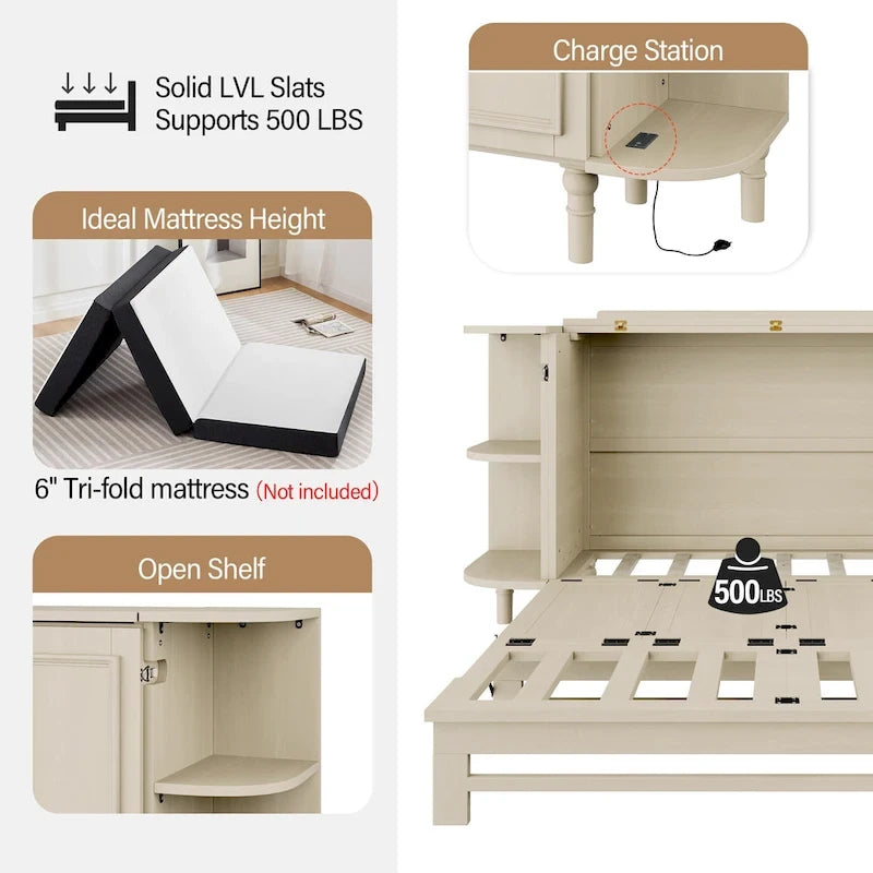 Farmhouse Murphy Bed Foldable Platform Bed Convertible Chest Cube Cabinet Bed with Curved Shelves and Charging Station