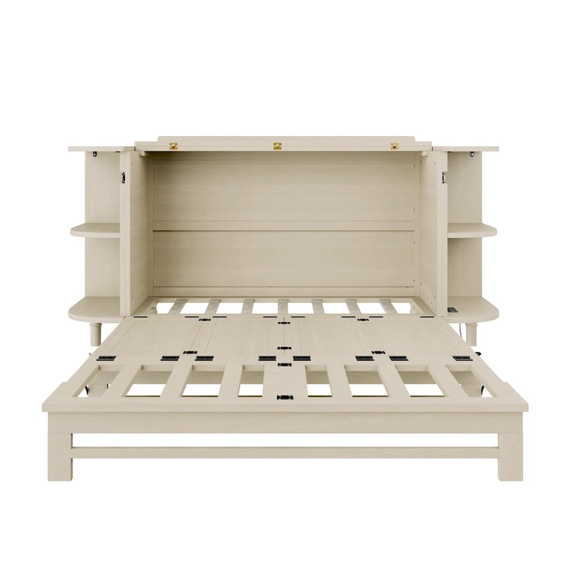 Farmhouse Murphy Bed Foldable Platform Bed Convertible Chest Cube Cabinet Bed with Curved Shelves and Charging Station