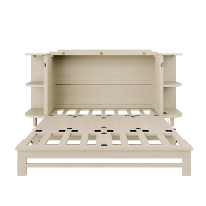 Farmhouse Murphy Bed Foldable Platform Bed Convertible Chest Cube Cabinet Bed with Curved Shelves and Charging Station