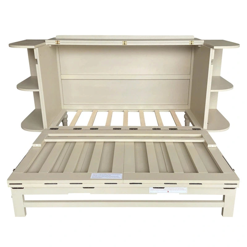 Farmhouse Murphy Bed Foldable Platform Bed Convertible Chest Cube Cabinet Bed with Curved Shelves and Charging Station