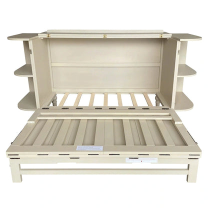 Farmhouse Murphy Bed Foldable Platform Bed Convertible Chest Cube Cabinet Bed with Curved Shelves and Charging Station