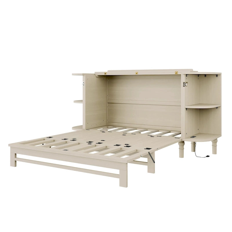 Farmhouse Murphy Bed Foldable Platform Bed Convertible Chest Cube Cabinet Bed with Curved Shelves and Charging Station