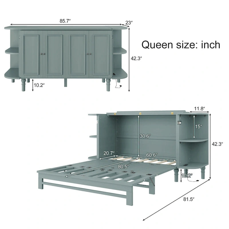Farmhouse Murphy Bed Foldable Platform Bed Convertible Chest Cube Cabinet Bed with Curved Shelves and Charging Station