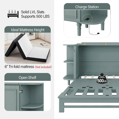Farmhouse Murphy Bed Foldable Platform Bed Convertible Chest Cube Cabinet Bed with Curved Shelves and Charging Station