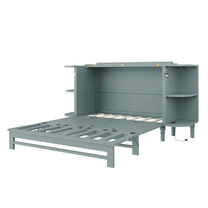 Farmhouse Murphy Bed Foldable Platform Bed Convertible Chest Cube Cabinet Bed with Curved Shelves and Charging Station