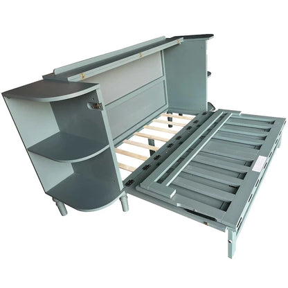 Farmhouse Murphy Bed Foldable Platform Bed Convertible Chest Cube Cabinet Bed with Curved Shelves and Charging Station