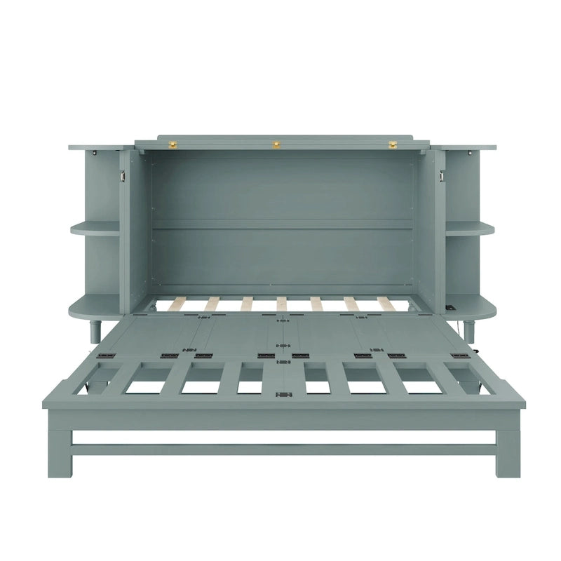 Farmhouse Murphy Bed Foldable Platform Bed Convertible Chest Cube Cabinet Bed with Curved Shelves and Charging Station