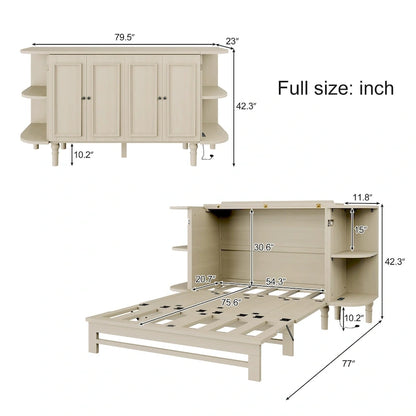 Farmhouse Murphy Bed Foldable Platform Bed Convertible Chest Cube Cabinet Bed with Curved Shelves and Charging Station