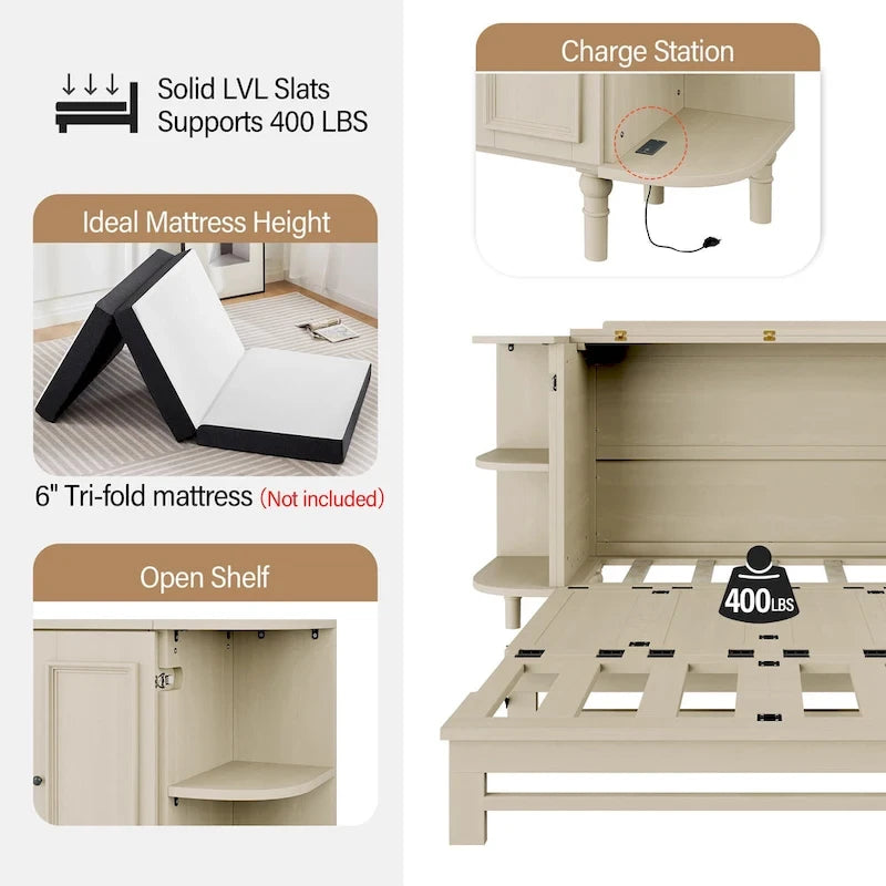 Farmhouse Murphy Bed Foldable Platform Bed Convertible Chest Cube Cabinet Bed with Curved Shelves and Charging Station