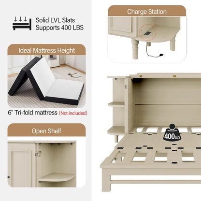 Farmhouse Murphy Bed Foldable Platform Bed Convertible Chest Cube Cabinet Bed with Curved Shelves and Charging Station