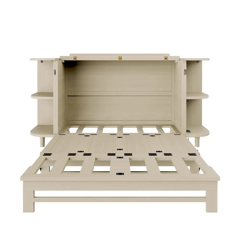 Farmhouse Murphy Bed Foldable Platform Bed Convertible Chest Cube Cabinet Bed with Curved Shelves and Charging Station