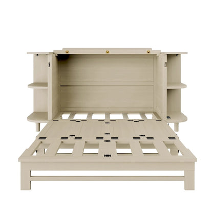 Farmhouse Murphy Bed Foldable Platform Bed Convertible Chest Cube Cabinet Bed with Curved Shelves and Charging Station