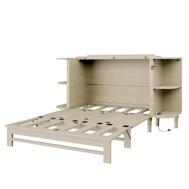 Farmhouse Murphy Bed Foldable Platform Bed Convertible Chest Cube Cabinet Bed with Curved Shelves and Charging Station