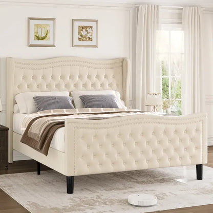 Modern Style Velvet Platform Bed with Upholstered Headboard for Bedroom