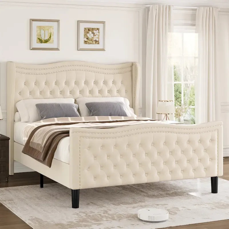 Modern Style Velvet Platform Bed with Upholstered Headboard for Bedroom