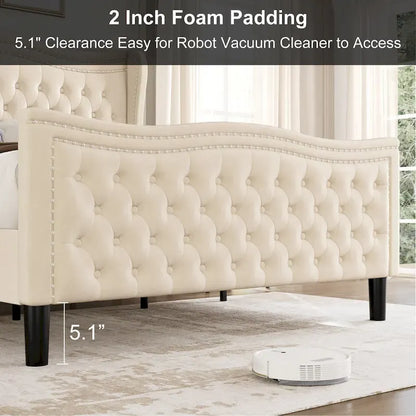 Modern Style Velvet Platform Bed with Upholstered Headboard for Bedroom