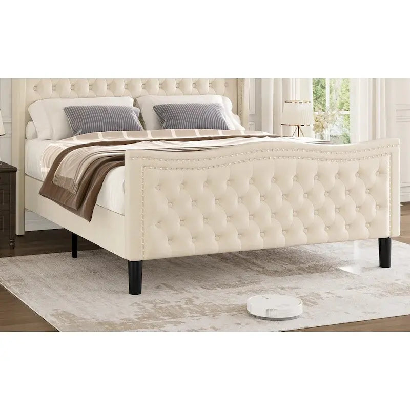Modern Style Velvet Platform Bed with Upholstered Headboard for Bedroom