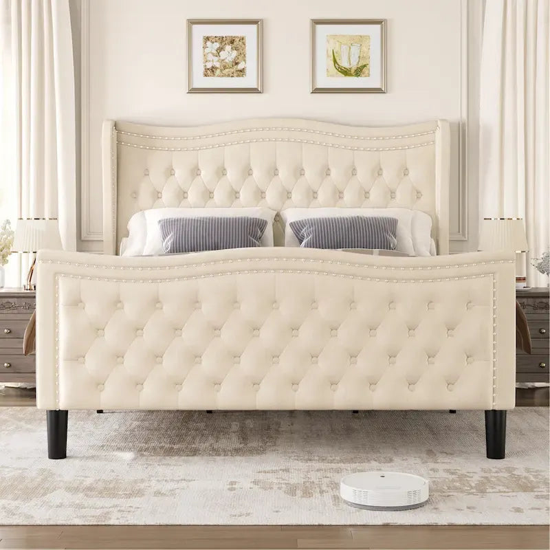 Modern Style Velvet Platform Bed with Upholstered Headboard for Bedroom