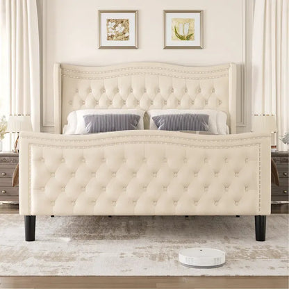 Modern Style Velvet Platform Bed with Upholstered Headboard for Bedroom