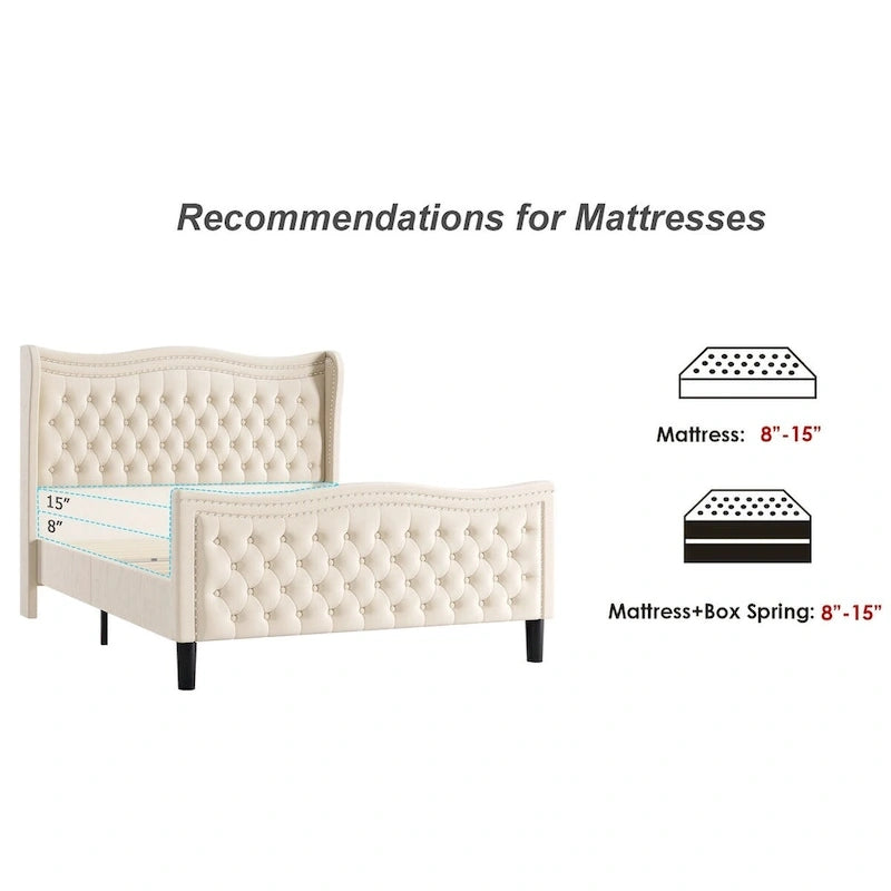 Modern Style Velvet Platform Bed with Upholstered Headboard for Bedroom