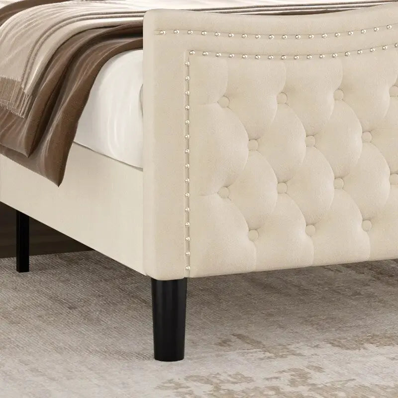 Modern Style Velvet Platform Bed with Upholstered Headboard for Bedroom