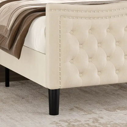 Modern Style Velvet Platform Bed with Upholstered Headboard for Bedroom