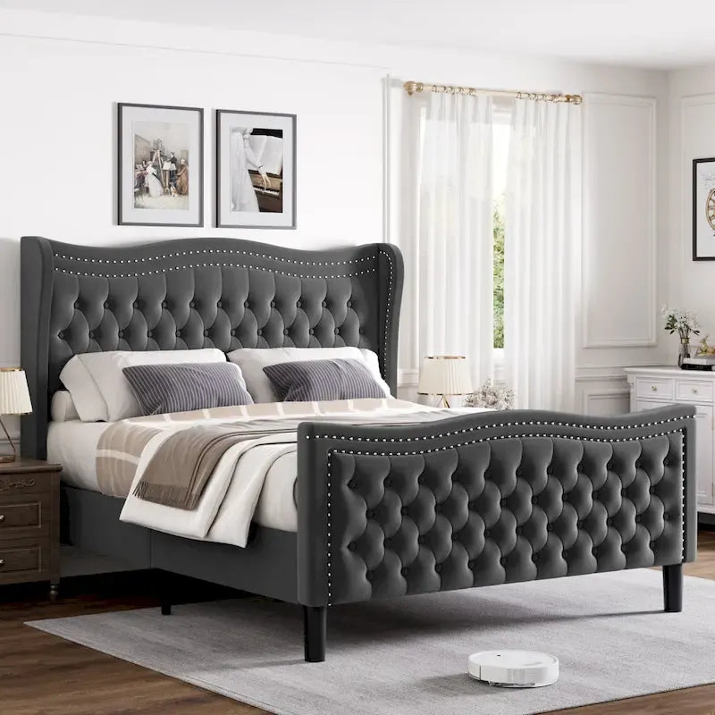 Modern Style Velvet Platform Bed with Upholstered Headboard for Bedroom