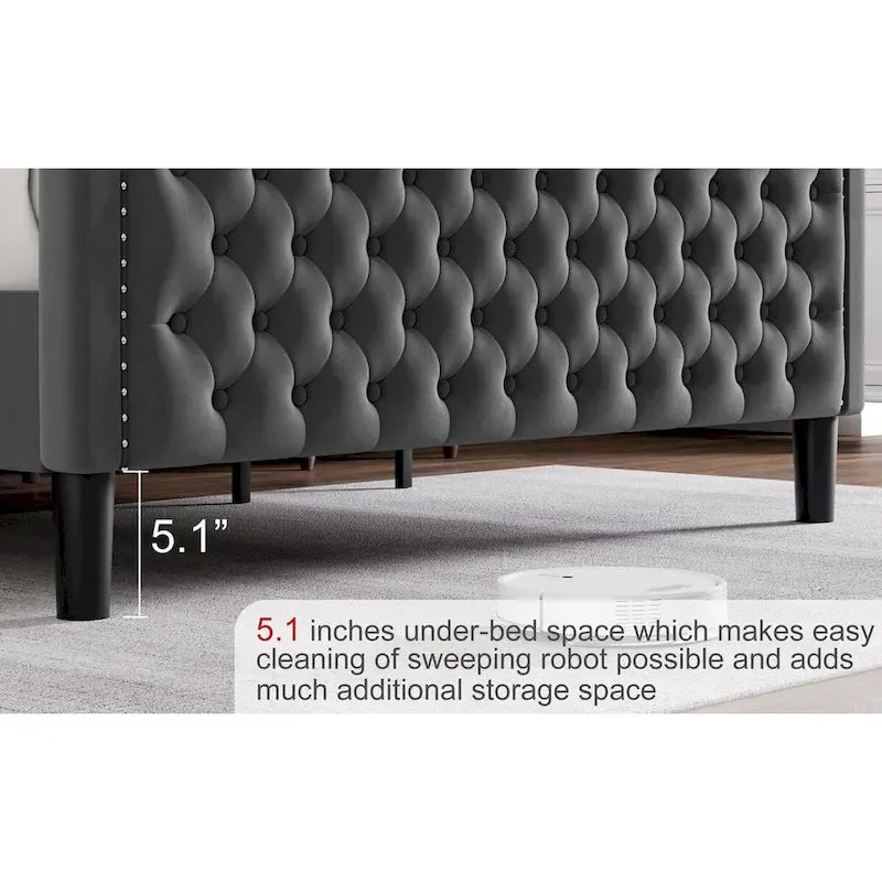 Modern Style Velvet Platform Bed with Upholstered Headboard for Bedroom