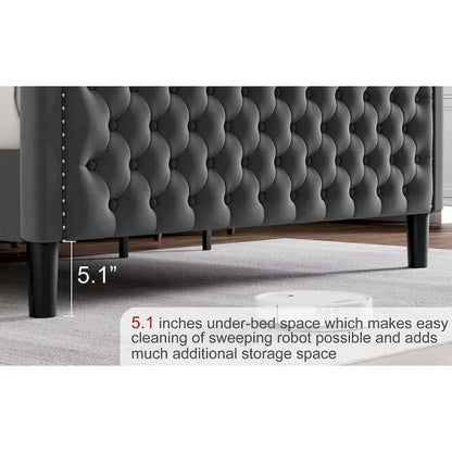 Modern Style Velvet Platform Bed with Upholstered Headboard for Bedroom