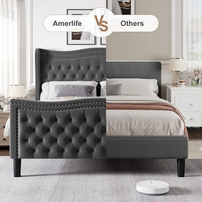 Modern Style Velvet Platform Bed with Upholstered Headboard for Bedroom