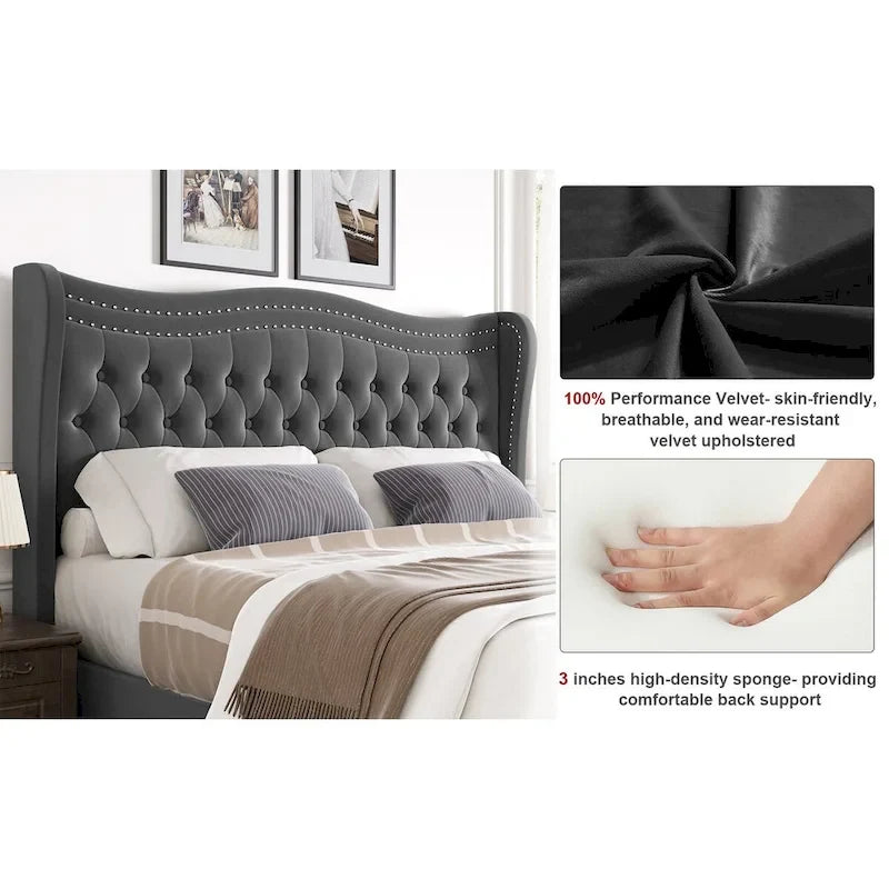 Modern Style Velvet Platform Bed with Upholstered Headboard for Bedroom