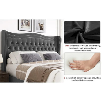Modern Style Velvet Platform Bed with Upholstered Headboard for Bedroom