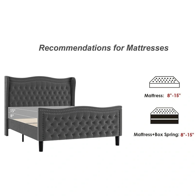 Modern Style Velvet Platform Bed with Upholstered Headboard for Bedroom