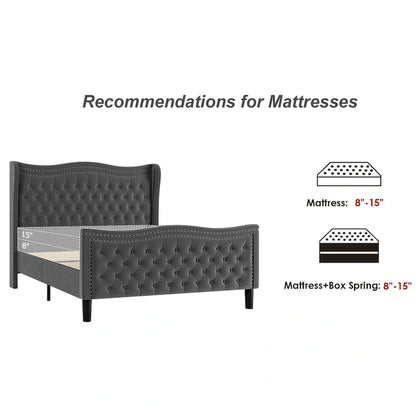 Modern Style Velvet Platform Bed with Upholstered Headboard for Bedroom