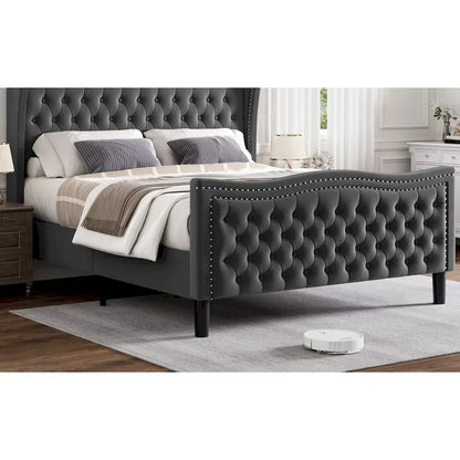 Modern Style Velvet Platform Bed with Upholstered Headboard for Bedroom