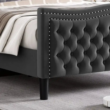 Modern Style Velvet Platform Bed with Upholstered Headboard for Bedroom