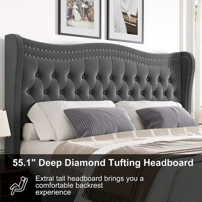 Modern Style Velvet Platform Bed with Upholstered Headboard for Bedroom