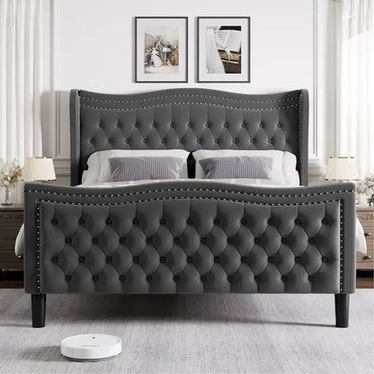 Modern Style Velvet Platform Bed with Upholstered Headboard for Bedroom