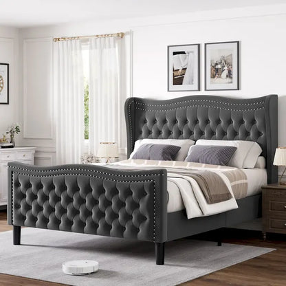 Modern Style Velvet Platform Bed with Upholstered Headboard for Bedroom