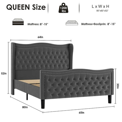 Modern Style Velvet Platform Bed with Upholstered Headboard for Bedroom