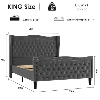 Modern Style Velvet Platform Bed with Upholstered Headboard for Bedroom